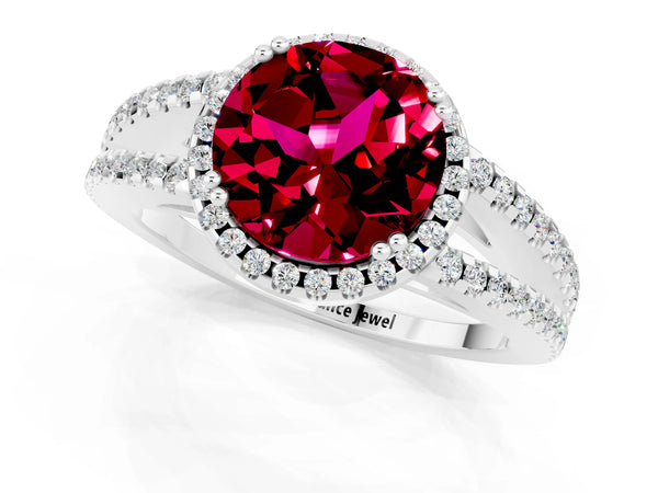 Platinum Round Cut Garnet Halo Split Shank Engagement Ring