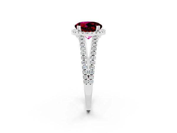 Platinum Round Cut Garnet Halo Split Shank Engagement Ring