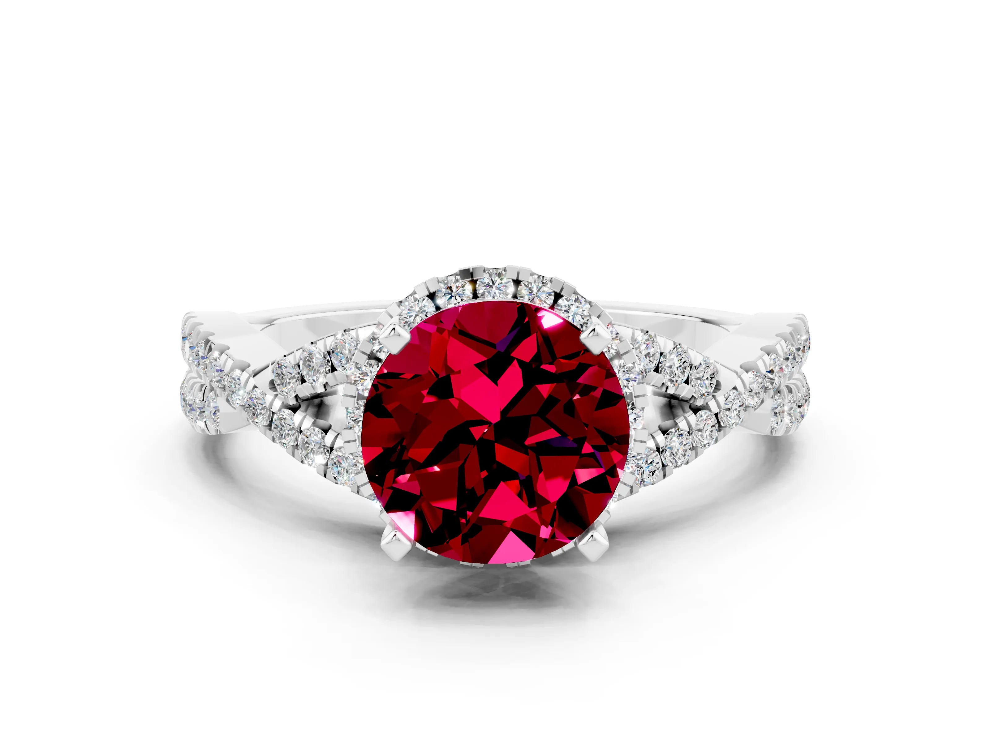 White gold Round Cut Garnet Halo Twist Band Solitaire Prong Setting Ring