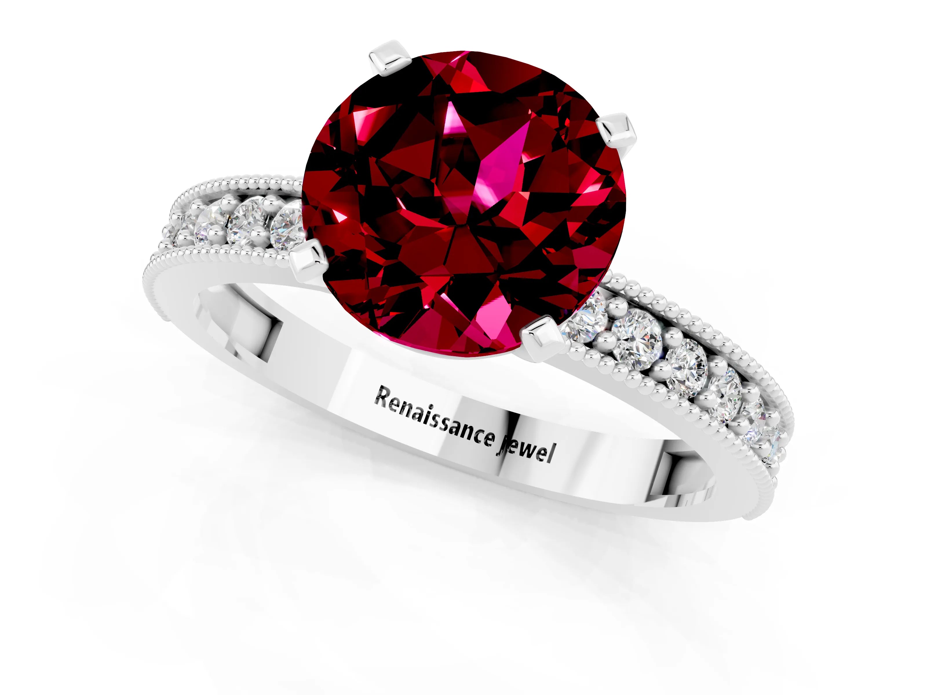 White gold Round Cut Garnet Milgrain Pavé Engagement Ring with Four-Prong Setting_1