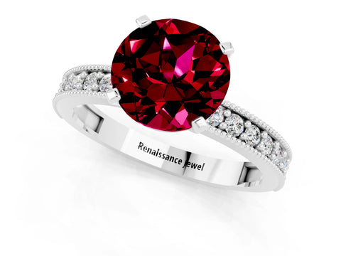 White gold Round Cut Garnet Milgrain Pavé Engagement Ring with Four-Prong Setting_1