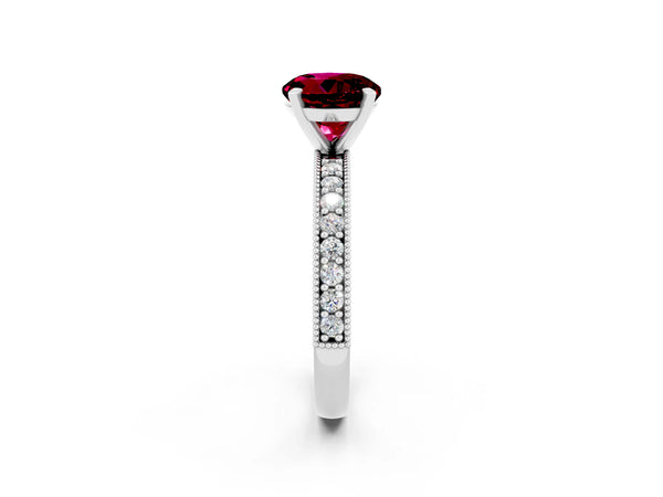 Silver Round Cut Garnet Milgrain Pavé Engagement Ring with Four-Prong Setting