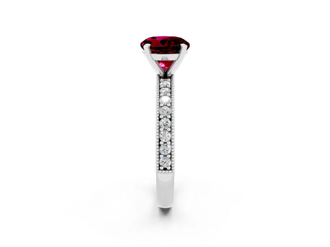 White gold Round Cut Garnet Milgrain Pavé Engagement Ring with Four-Prong Setting_2
