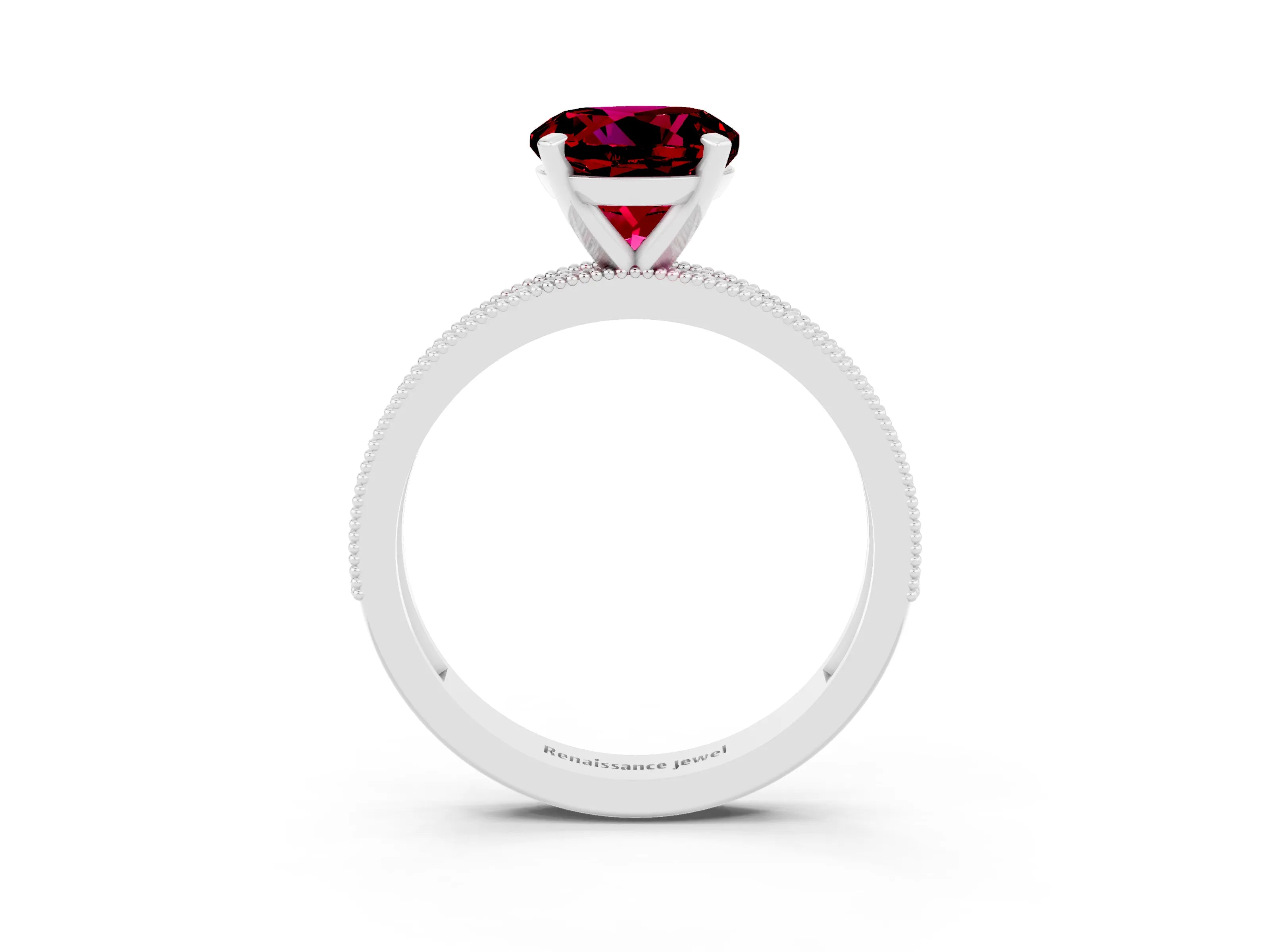 White gold Round Cut Garnet Milgrain Pavé Engagement Ring with Four-Prong Setting_3