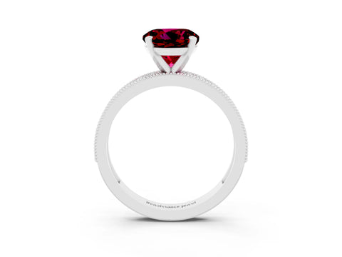 White gold Round Cut Garnet Milgrain Pavé Engagement Ring with Four-Prong Setting_3