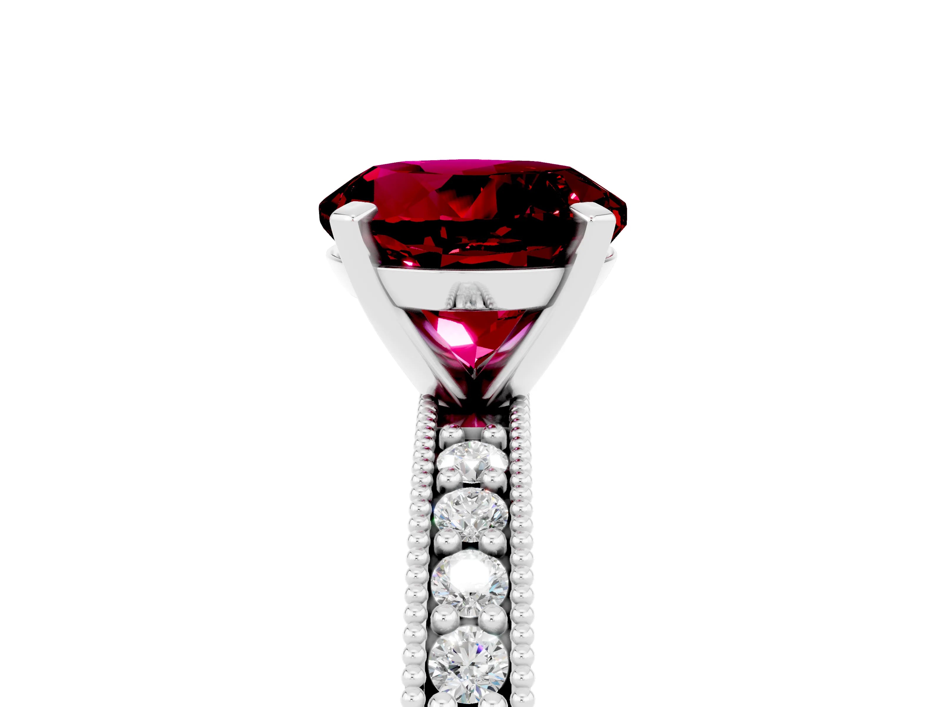 White gold Round Cut Garnet Milgrain Pavé Engagement Ring with Four-Prong Setting_5