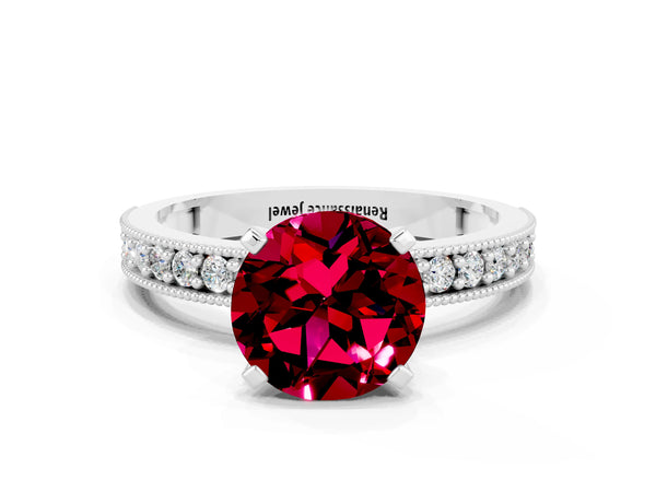 White gold Round Cut Garnet Milgrain Pavé Engagement Ring with Four-Prong Setting