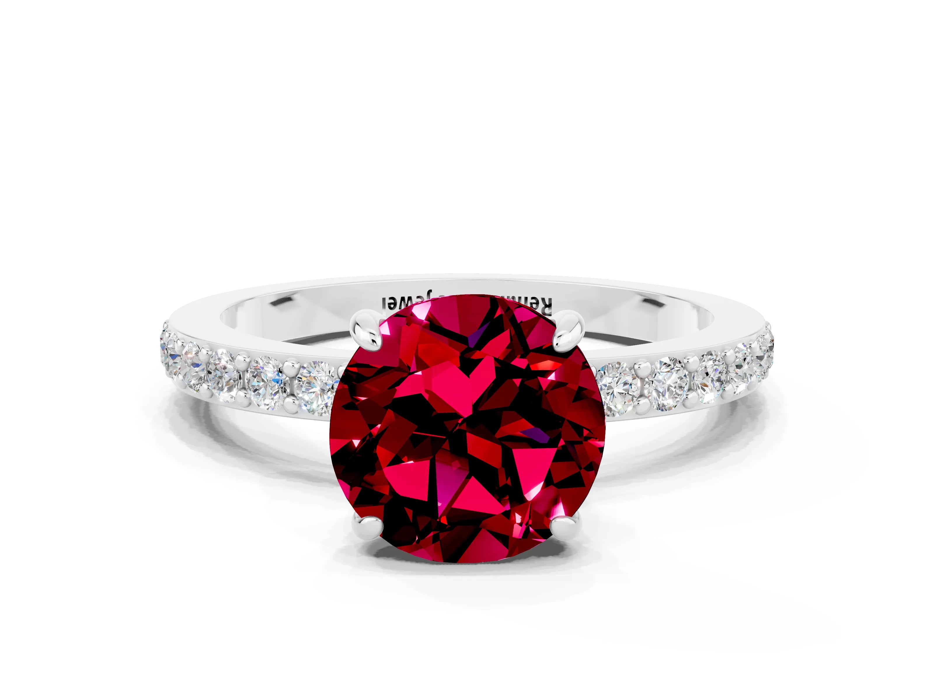 White gold Round Cut Garnet Pavé Engagement Ring with Round  Accents and Prong Setting_12