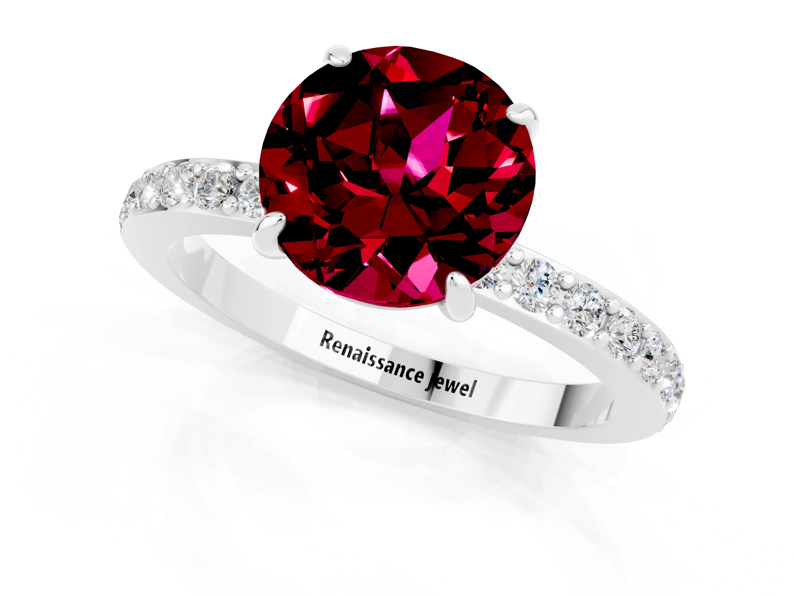 White gold Round Cut Garnet Pavé Engagement Ring with Round  Accents and Prong Setting_13