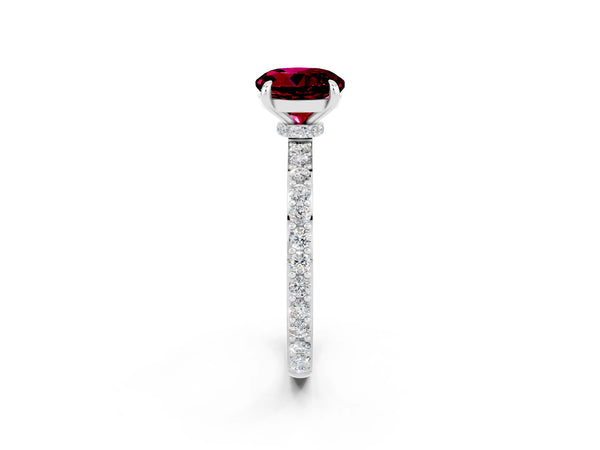 White gold Round Cut Garnet Pavé Engagement Ring with Round  Accents and Prong Setting