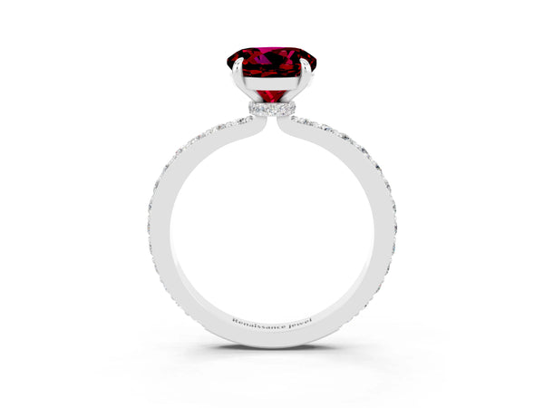 White gold Round Cut Garnet Pavé Engagement Ring with Round  Accents and Prong Setting