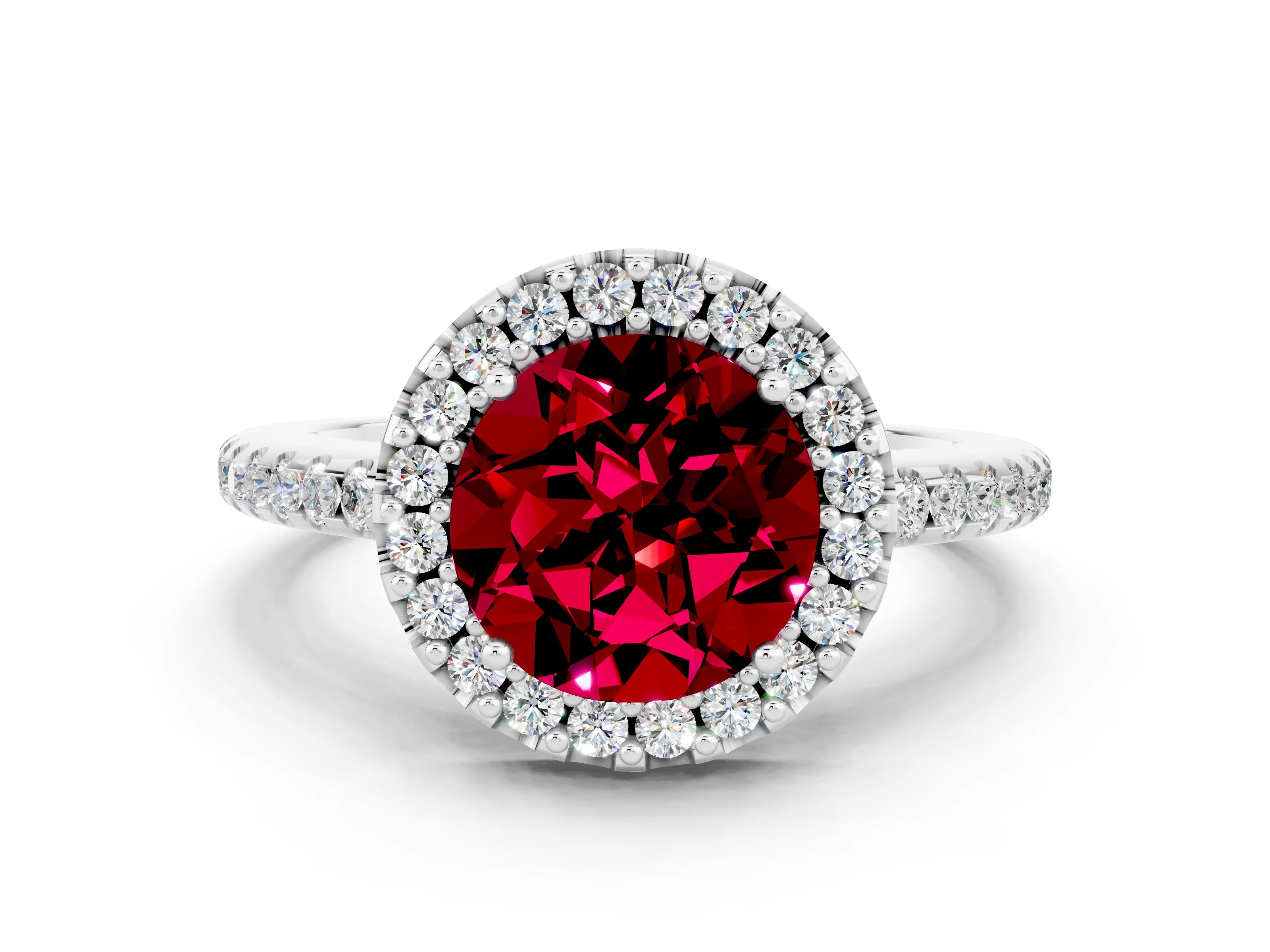 White gold Round Cut Garnet Pavé Halo Ring with Four-Prong Setting_12