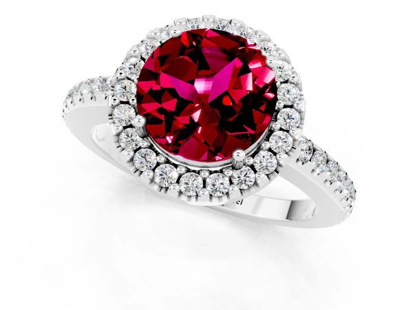 Platinum Round Cut Garnet Pavé Halo Ring with Four-Prong Setting