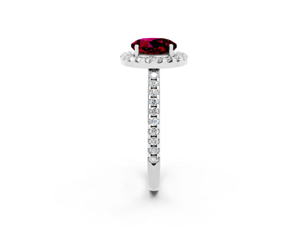 White gold Round Cut Garnet Pavé Halo Ring with Four-Prong Setting