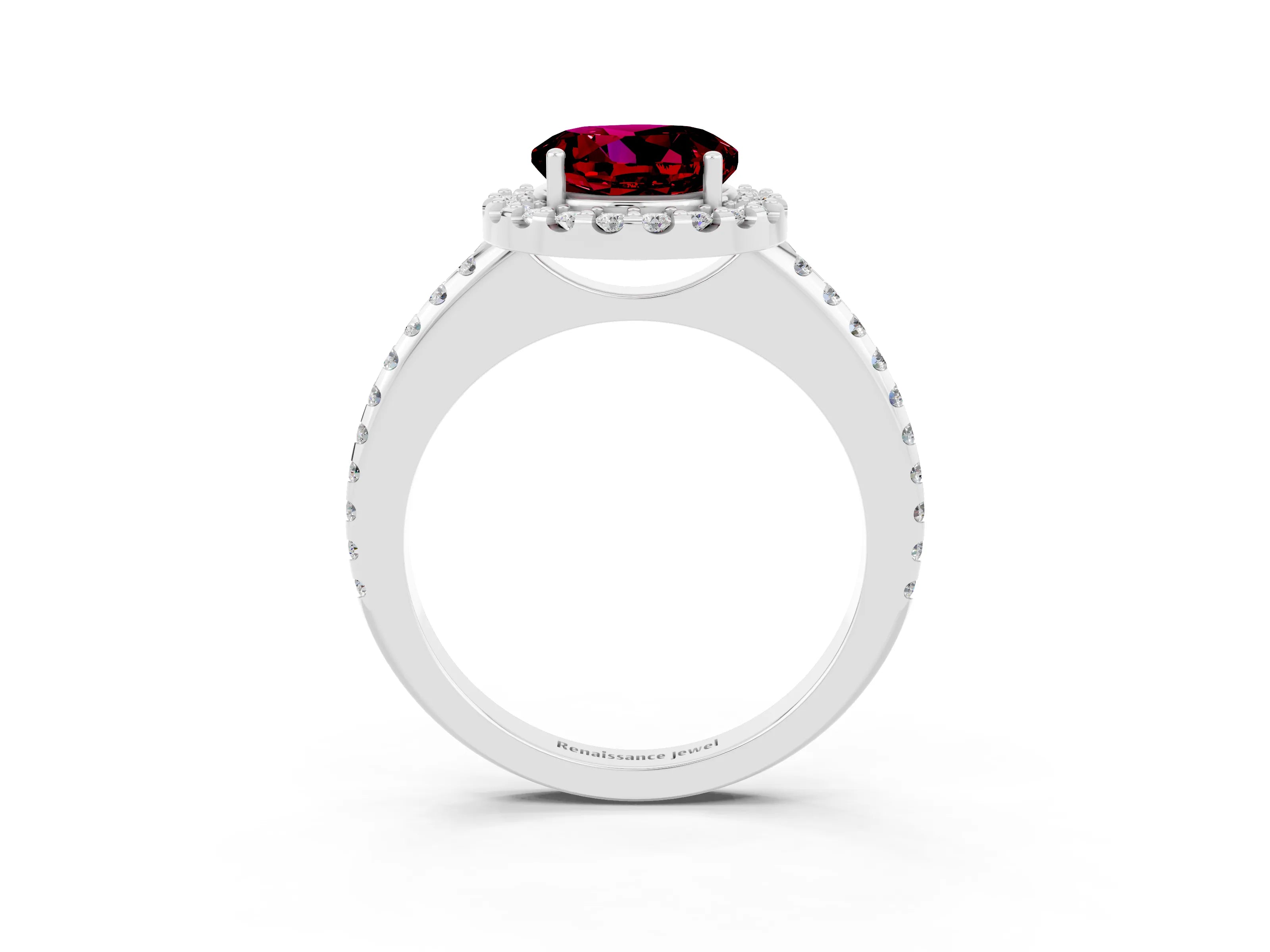 White gold Round Cut Garnet Pavé Halo Ring with Four-Prong Setting_15