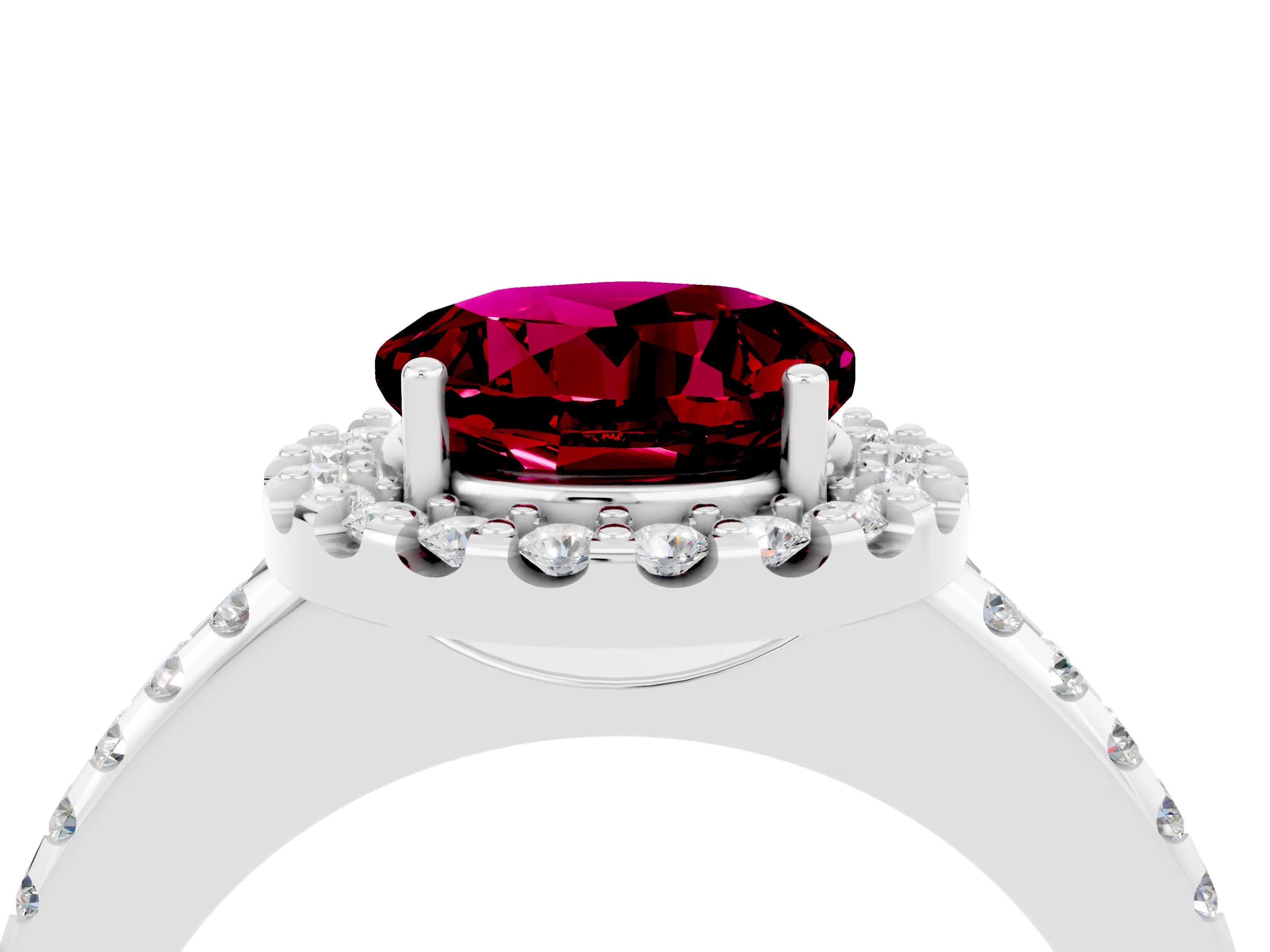 White gold Round Cut Garnet Pavé Halo Ring with Four-Prong Setting_16