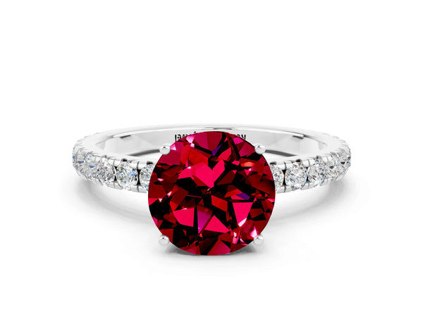 Platinum Round Cut Garnet Pavé Solitaire Engagement Ring with Four-Prong Setting