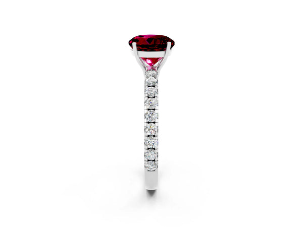 White gold Round Cut Garnet Pavé Solitaire Engagement Ring with Four-Prong Setting