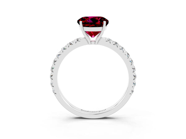 Silver Round Cut Garnet Pavé Solitaire Engagement Ring with Four-Prong Setting