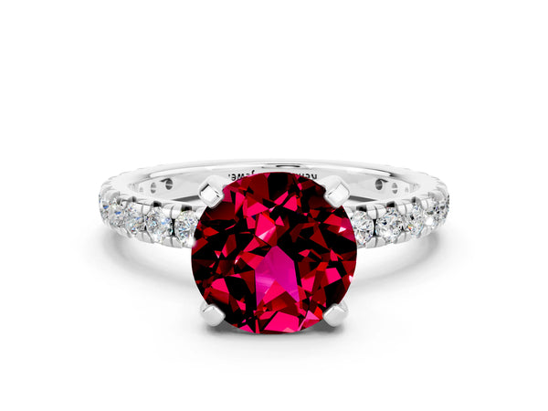 White gold Round Cut Garnet Pavé Solitaire Ring with Round Band and Prong Setting