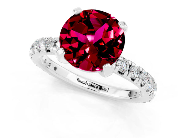 Silver Round Cut Garnet Pavé Solitaire Ring with Round Band and Prong Setting