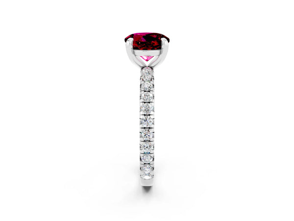 Silver Round Cut Garnet Pavé Solitaire Ring with Round Band and Prong Setting