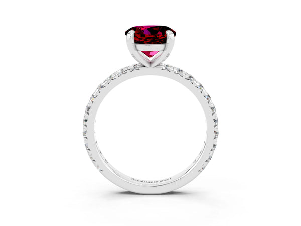 Platinum Round Cut Garnet Pavé Solitaire Ring with Round Band and Prong Setting