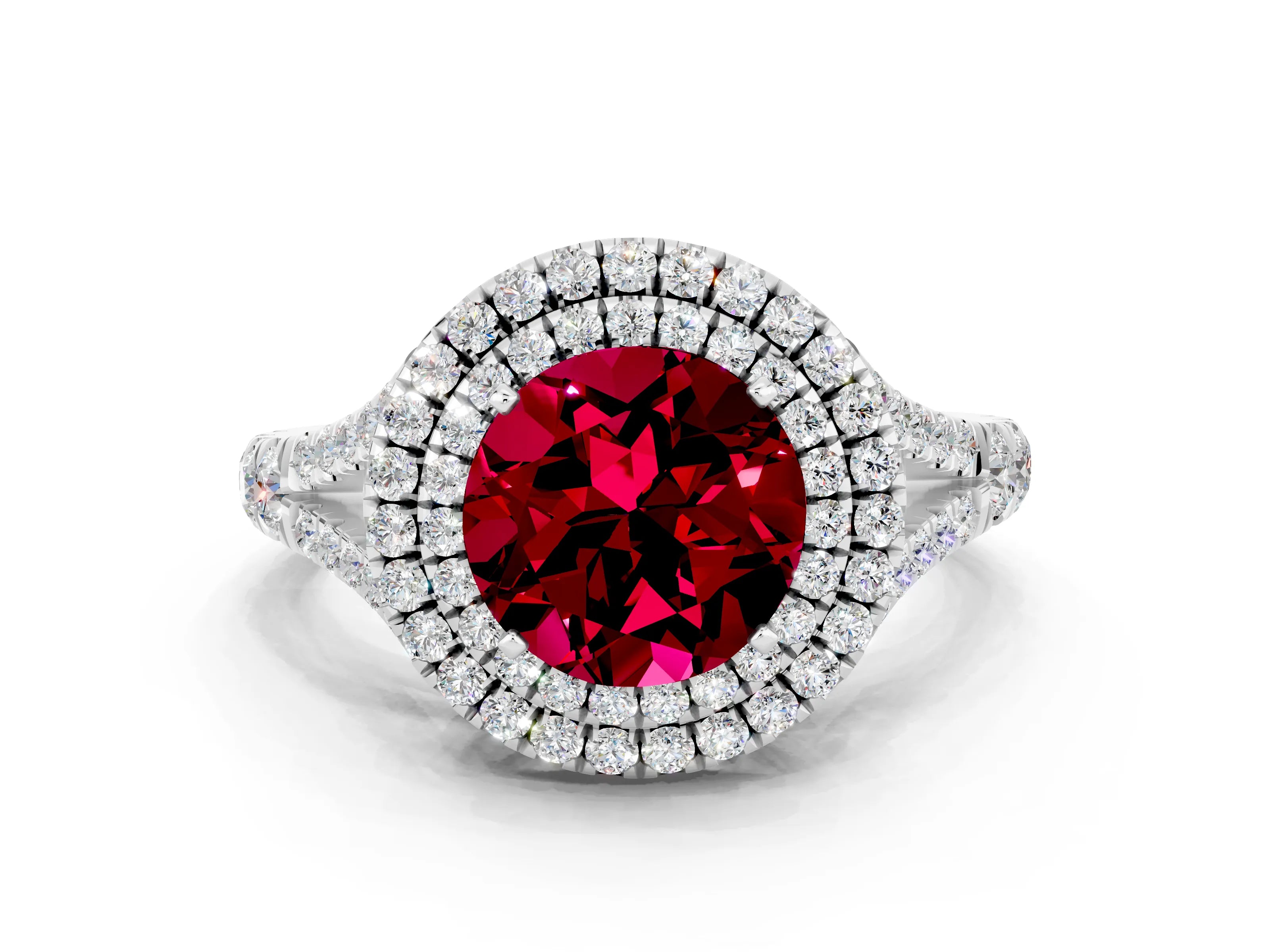 White gold Round Cut Garnet Pavé Split Shank Double Halo Engagement Ring