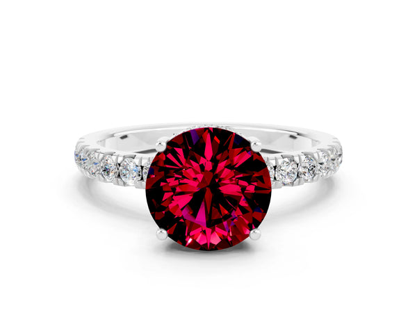 Platinum Round Cut Garnet Pave Band Solitaire Ring with Round  and Prong Setting