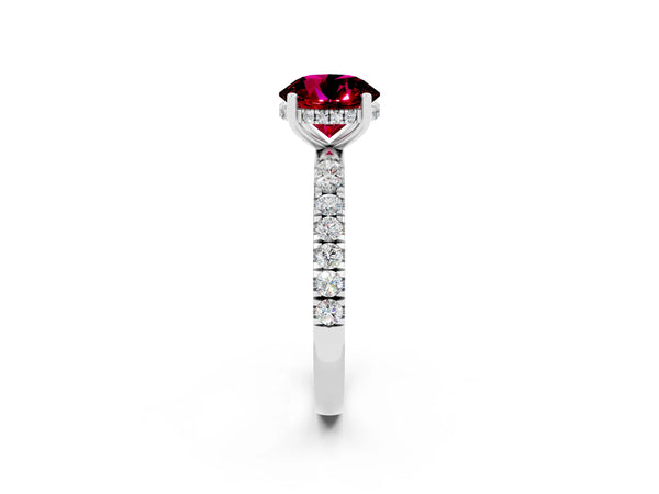 Platinum Round Cut Garnet Pave Band Solitaire Ring with Round  and Prong Setting