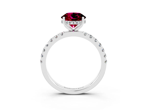 White gold Round Cut Garnet Pave Band Solitaire Ring with Round  and Prong Setting