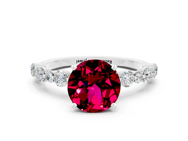 Platinum Round Cut Garnet Prong Set Engagement Ring with Pavé Band