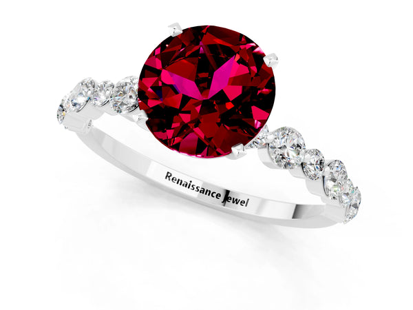 White gold Round Cut Garnet Prong Set Engagement Ring with Pavé Band