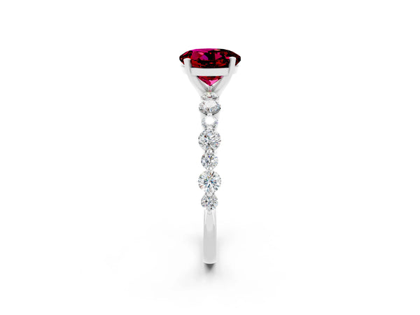 White gold Round Cut Garnet Prong Set Engagement Ring with Pavé Band