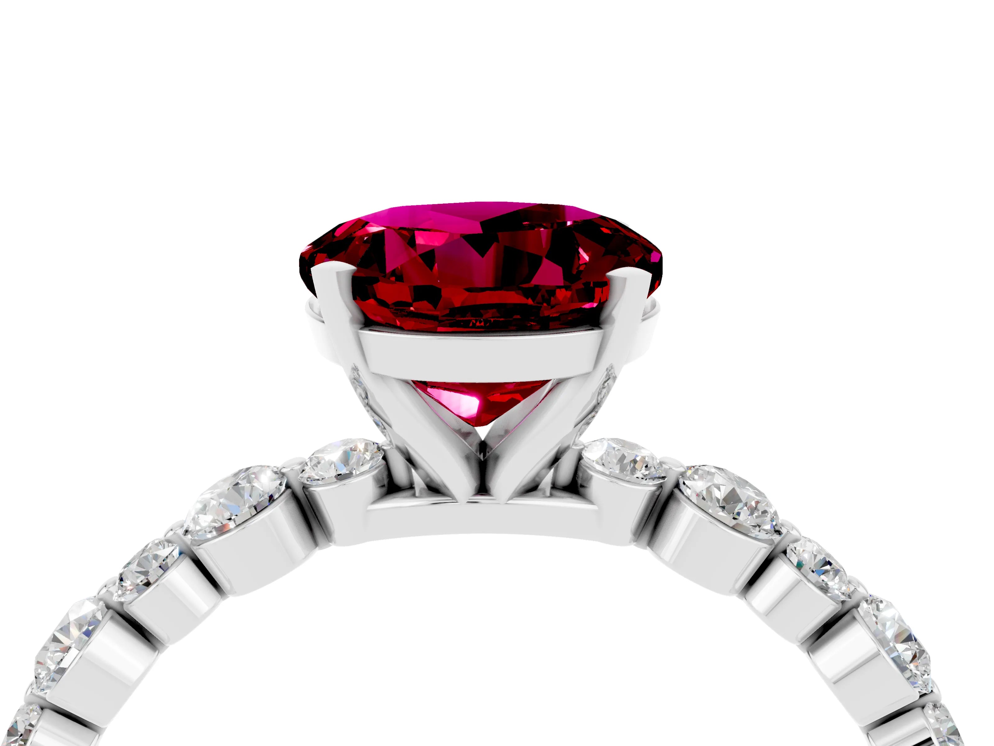 White gold Round Cut Garnet Prong Set Engagement Ring with Pavé Band_4