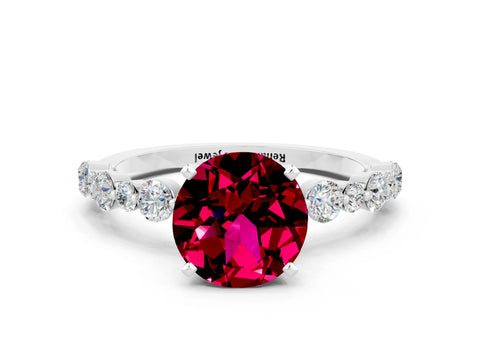 White gold Round Cut Garnet Prong Set Engagement Ring with Pavé Band