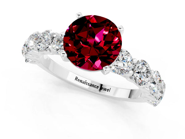 Silver Round Cut Garnet Prong Setting with Side Stones on a Pave Band
