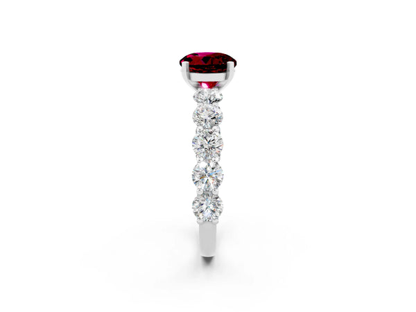White gold Round Cut Garnet Prong Setting with Side Stones on a Pave Band