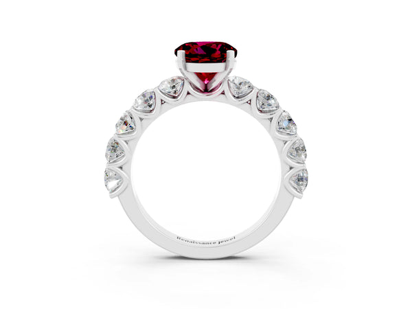 Silver Round Cut Garnet Prong Setting with Side Stones on a Pave Band