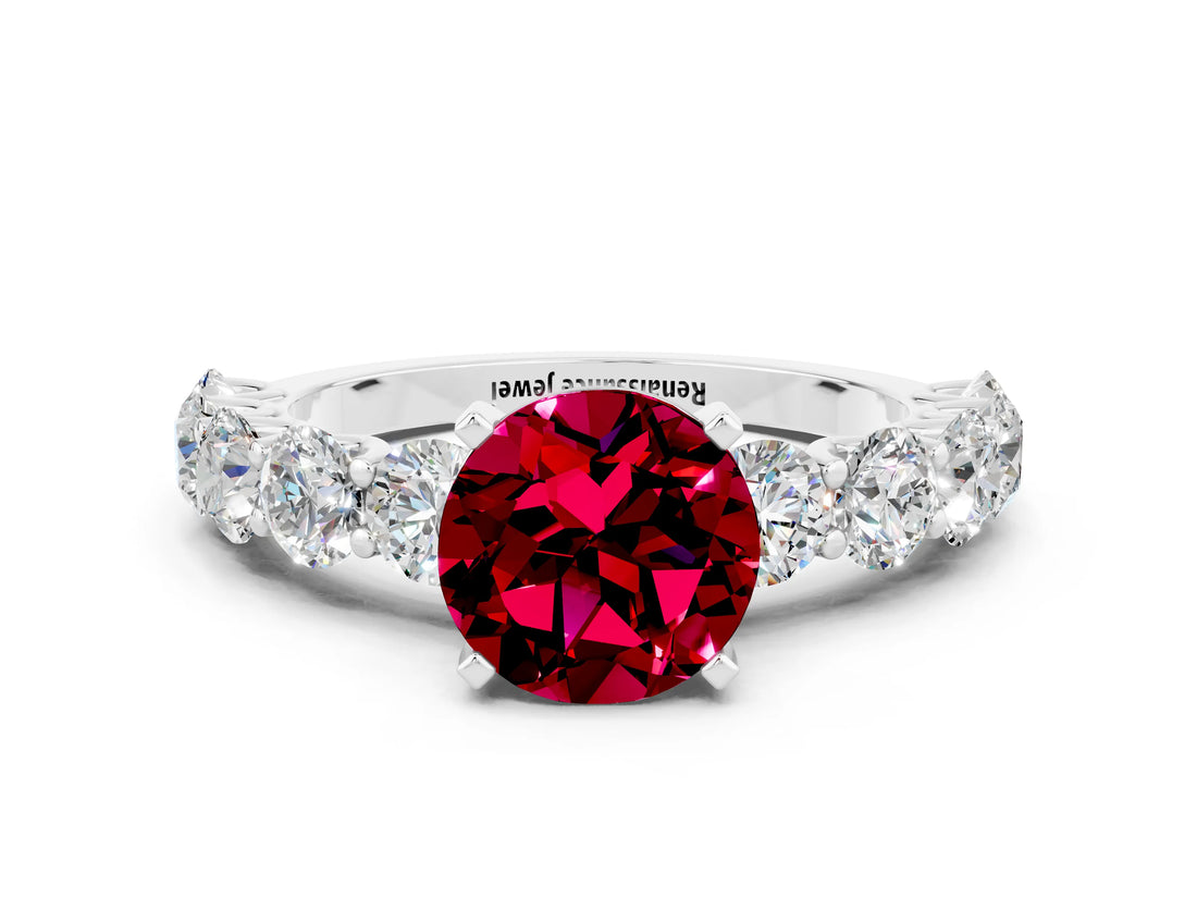 White gold Round Cut Garnet Prong Setting with Side Stones on a Pave Band