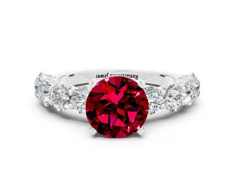 White gold Round Cut Garnet Prong Setting with Side Stones on a Pave Band