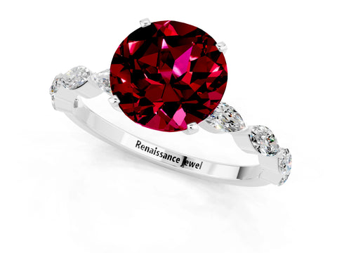 White gold Round Cut Garnet Ring with Marquise Side Stones and Prong Setting_1