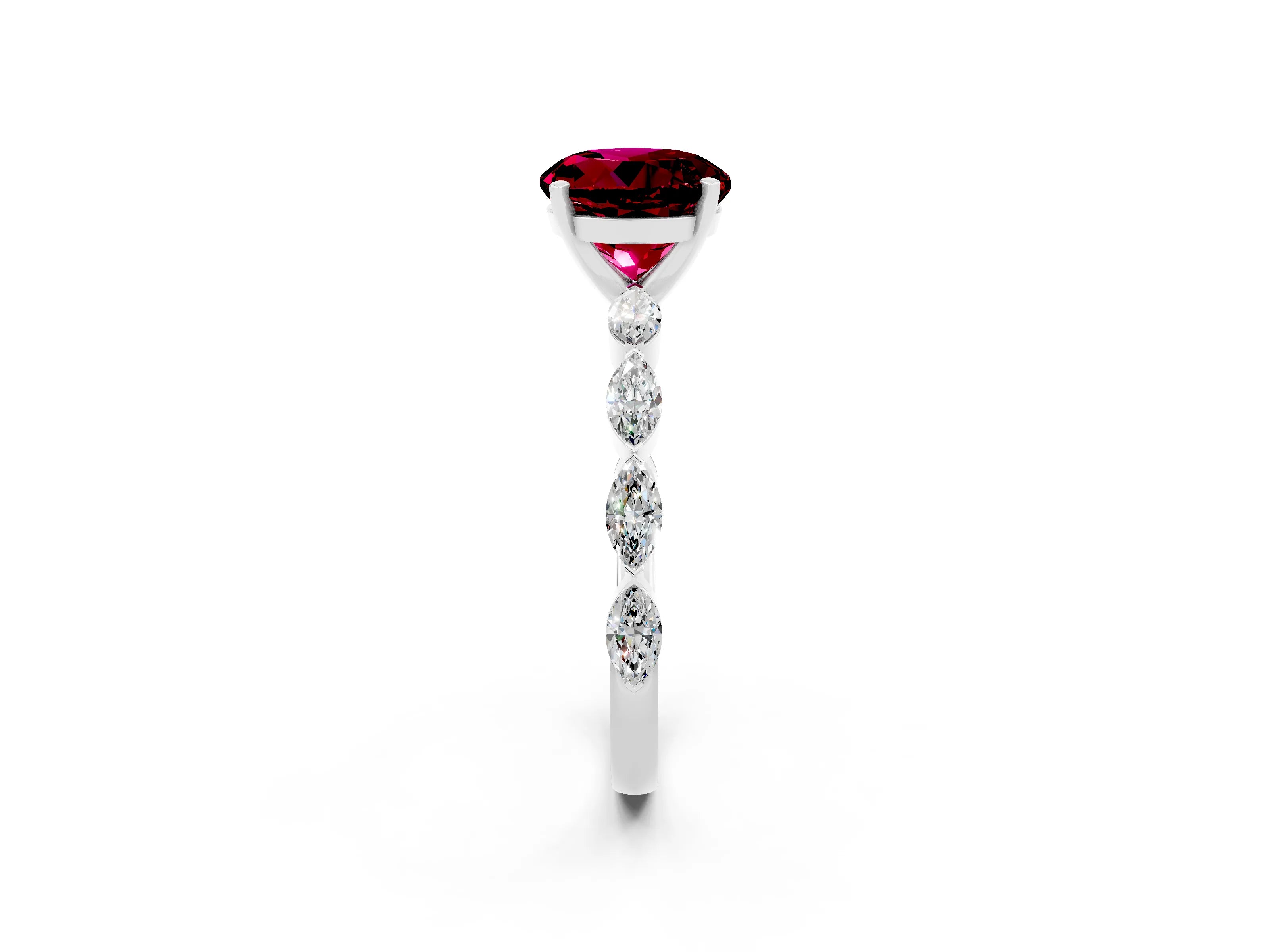 White gold Round Cut Garnet Ring with Marquise Side Stones and Prong Setting_2