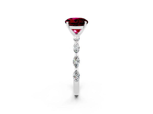 Silver Round Cut Garnet Ring with Marquise Side Stones and Prong Setting