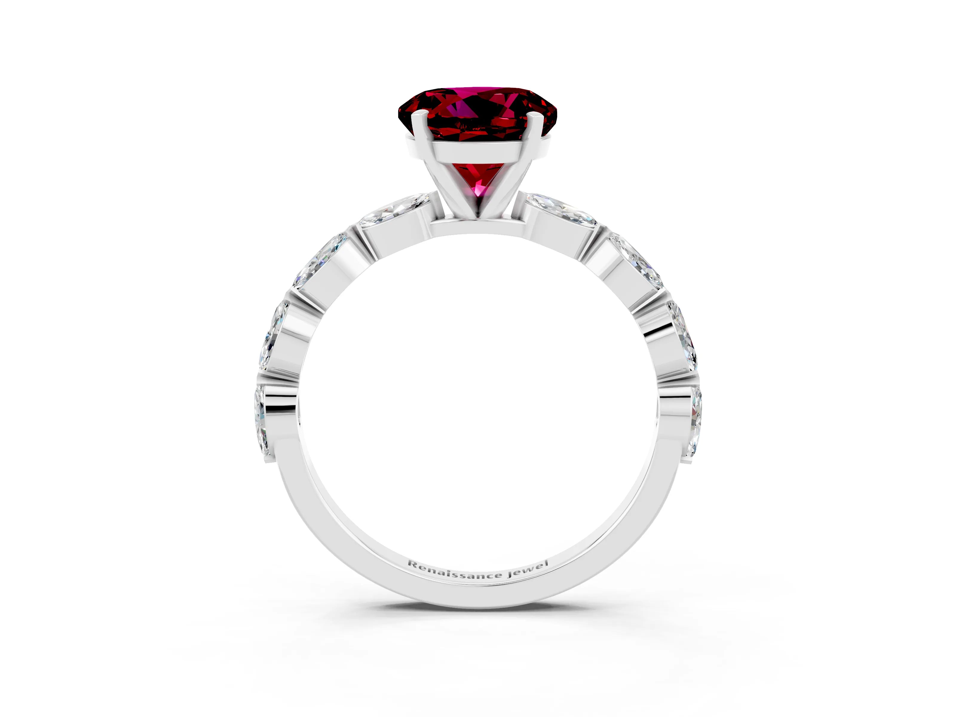 White gold Round Cut Garnet Ring with Marquise Side Stones and Prong Setting_3