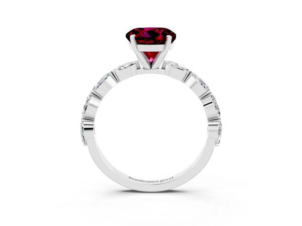 Silver Round Cut Garnet Ring with Marquise Side Stones and Prong Setting