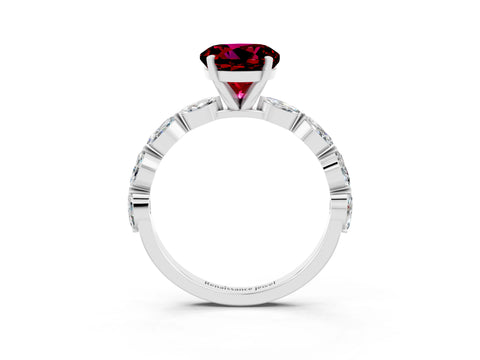 White gold Round Cut Garnet Ring with Marquise Side Stones and Prong Setting_3