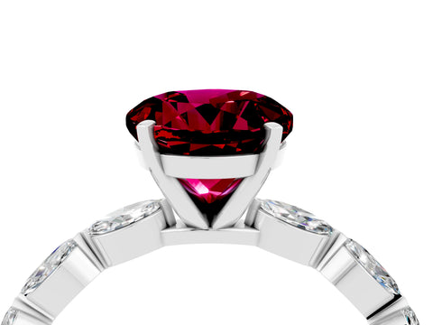 White gold Round Cut Garnet Ring with Marquise Side Stones and Prong Setting_4