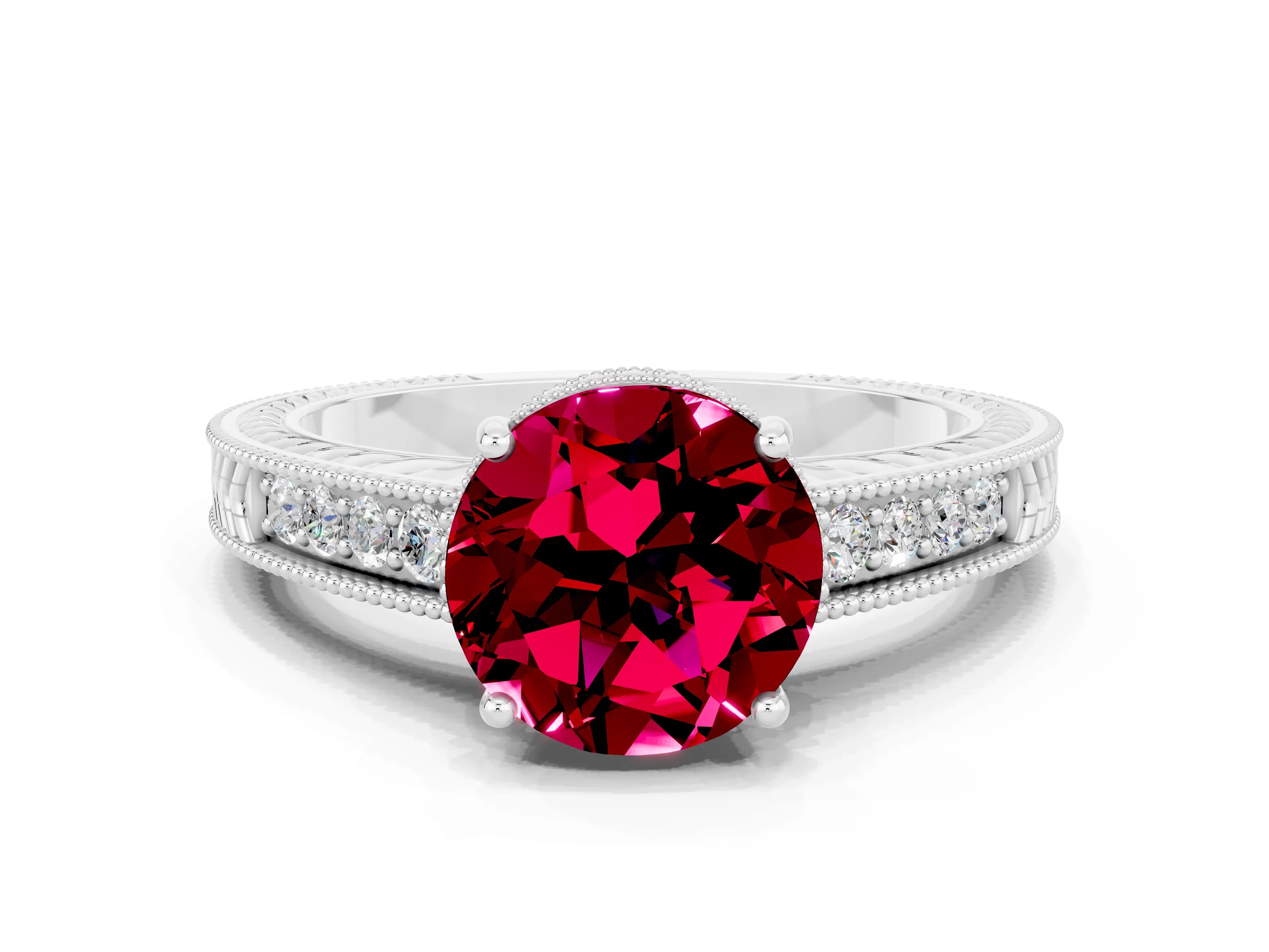 White gold Round Cut Garnet Ring with Milgrain Pavé Band and Four-Prong Setting_12