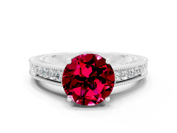Silver Round Cut Garnet Ring with Milgrain Pavé Band and Four-Prong Setting